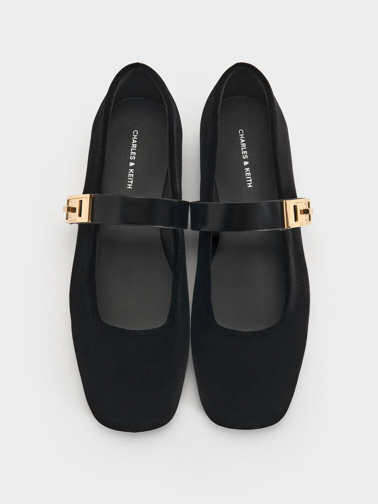 Lando Velvet Metallic-Buckle Mary Jane Flats, Black Textured, hi-res