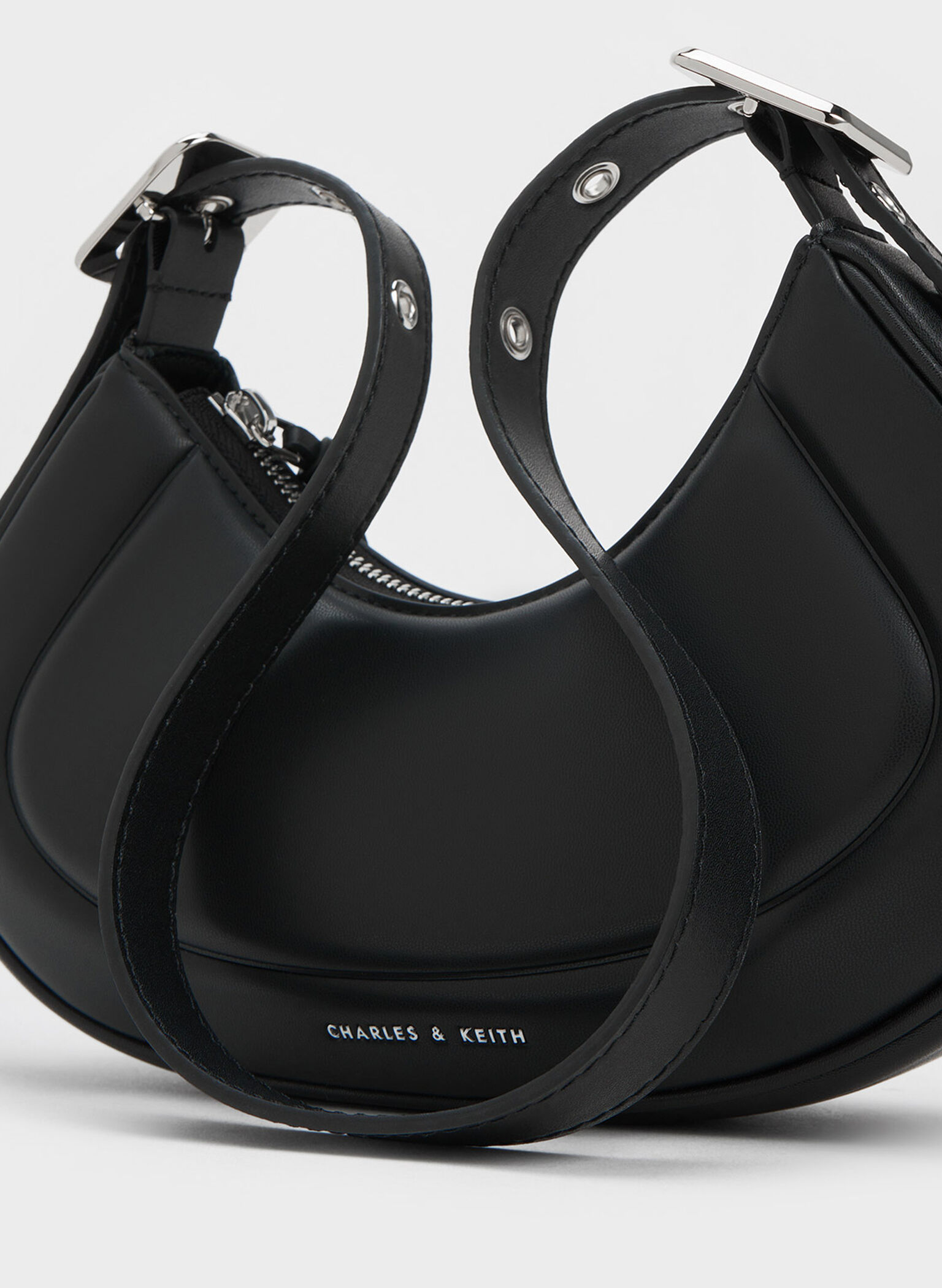 Petra Curved Shoulder Bag, Black, hi-res