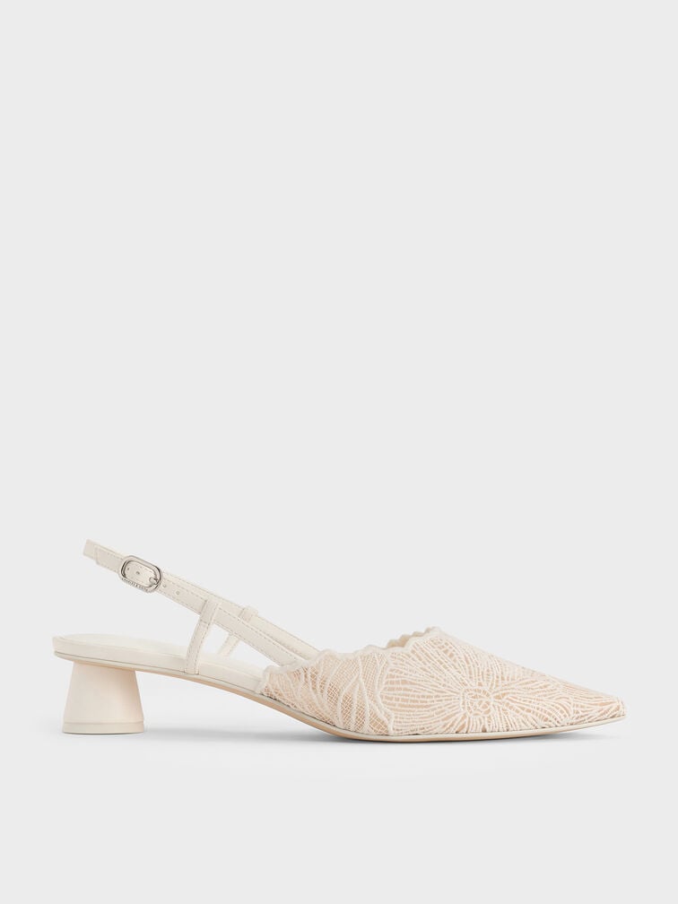 Crochet Floral Pointed-Toe Slingback Pumps, White, hi-res