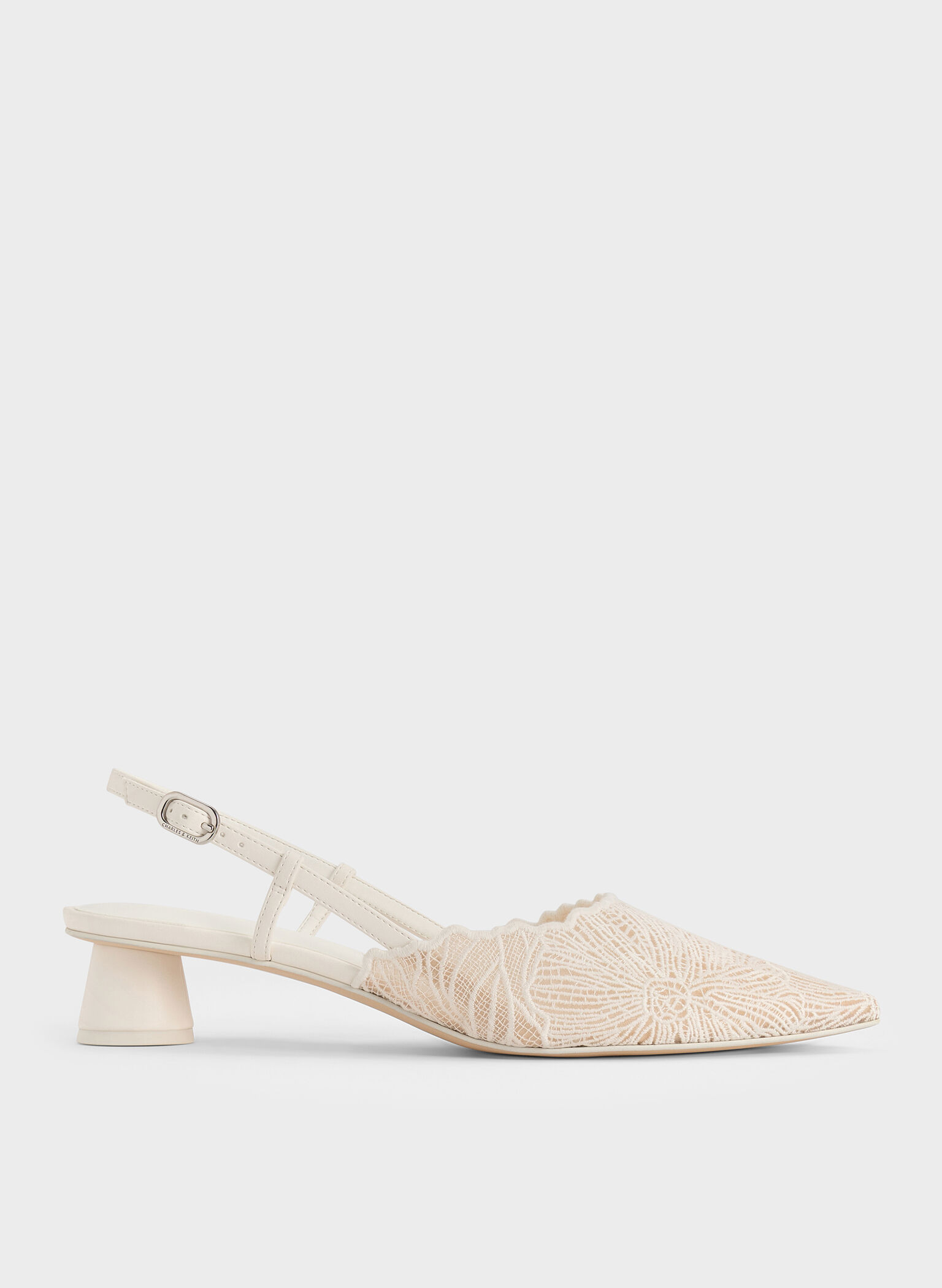 Crochet Floral Pointed-Toe Slingback Pumps, White, hi-res