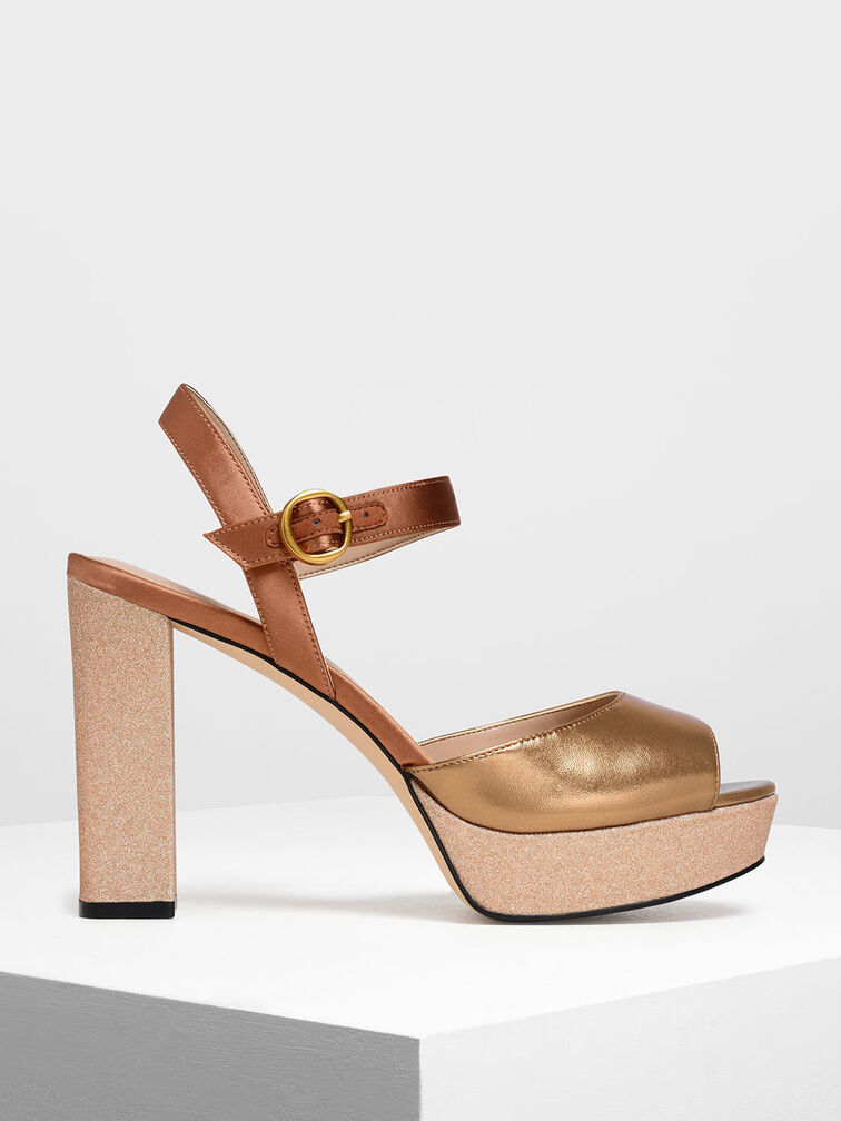 Glitter Platform Heels, Gold, hi-res