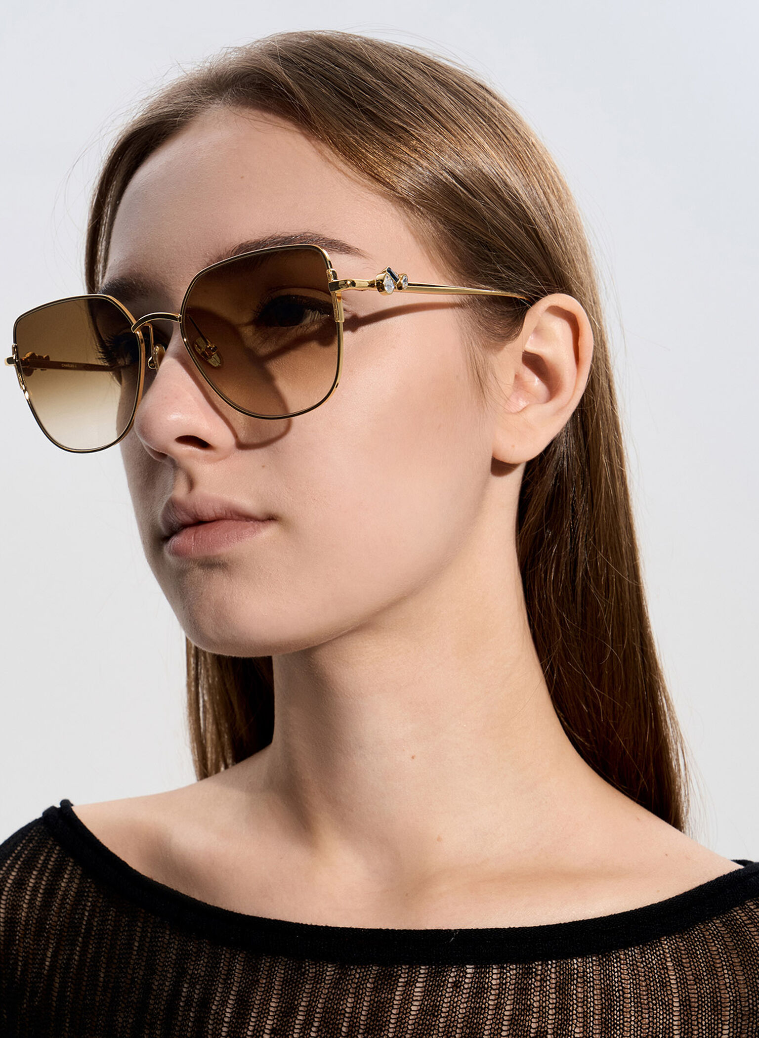 Crystal-Embellished Metal-Rim Butterfly Sunglasses, Gold, hi-res