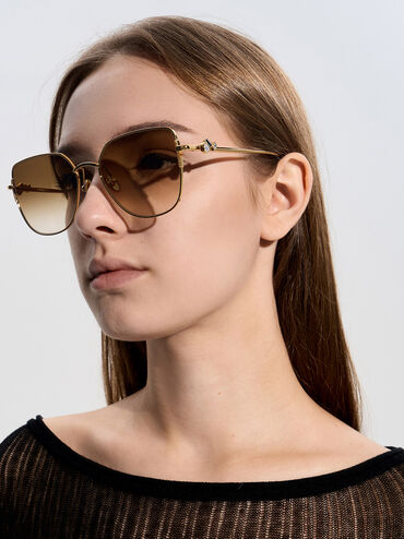Crystal-Embellished Metal-Rim Butterfly Sunglasses, Gold, hi-res