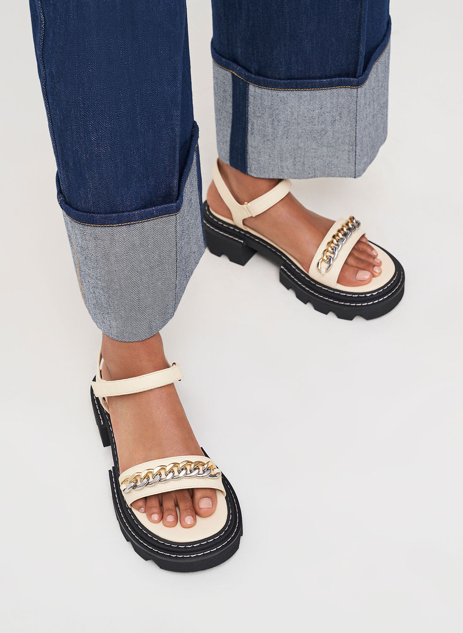 Chain-Link Contrast-Trim Sandals, Chalk, hi-res