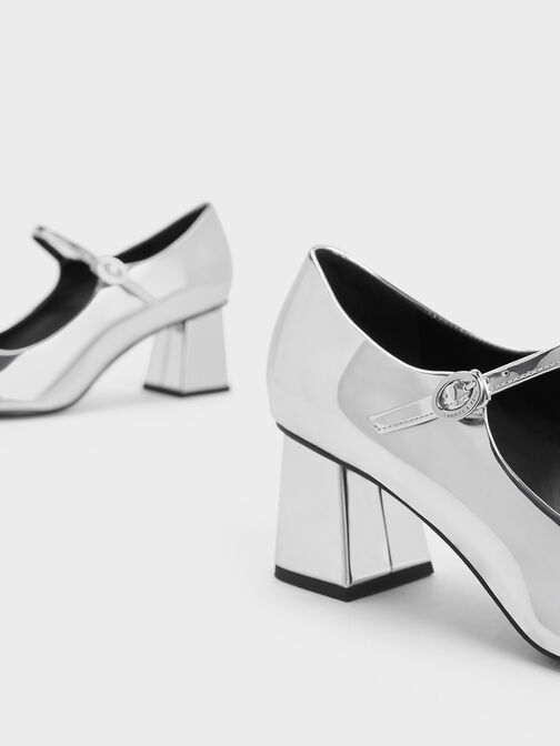 Metallic Pointed-Toe Mary Jane Pumps, Silver, hi-res