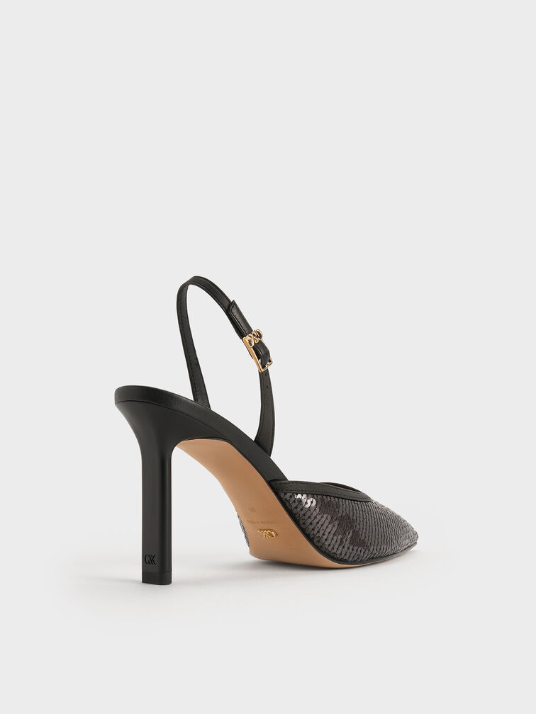 Sequin Mesh & Leather Pointed-Toe Slingback Pumps, Black Textured, hi-res