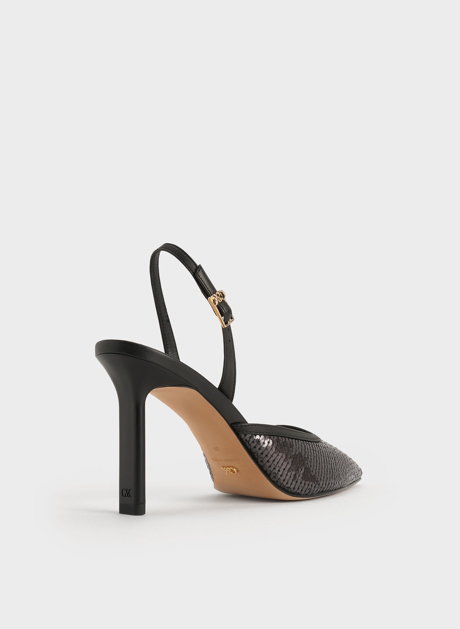 Sequin Mesh & Leather Pointed-Toe Slingback Pumps, Black Textured, hi-res