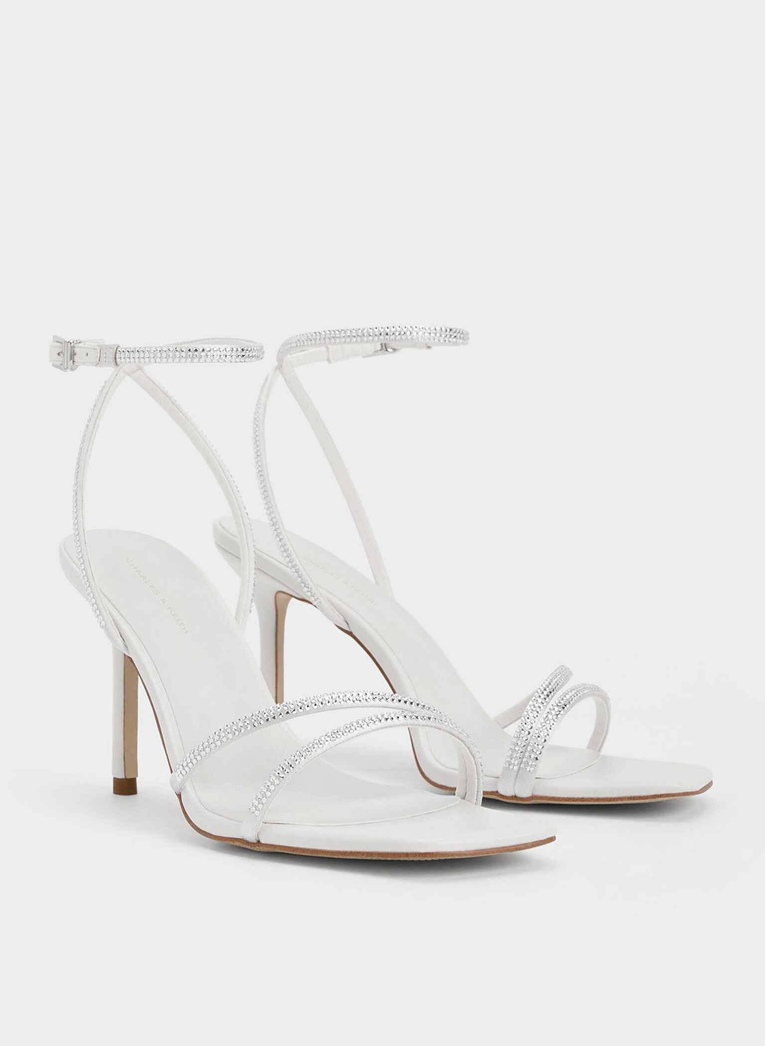 Satin Crystal-Embellished Stiletto-Heel Sandals, White, hi-res