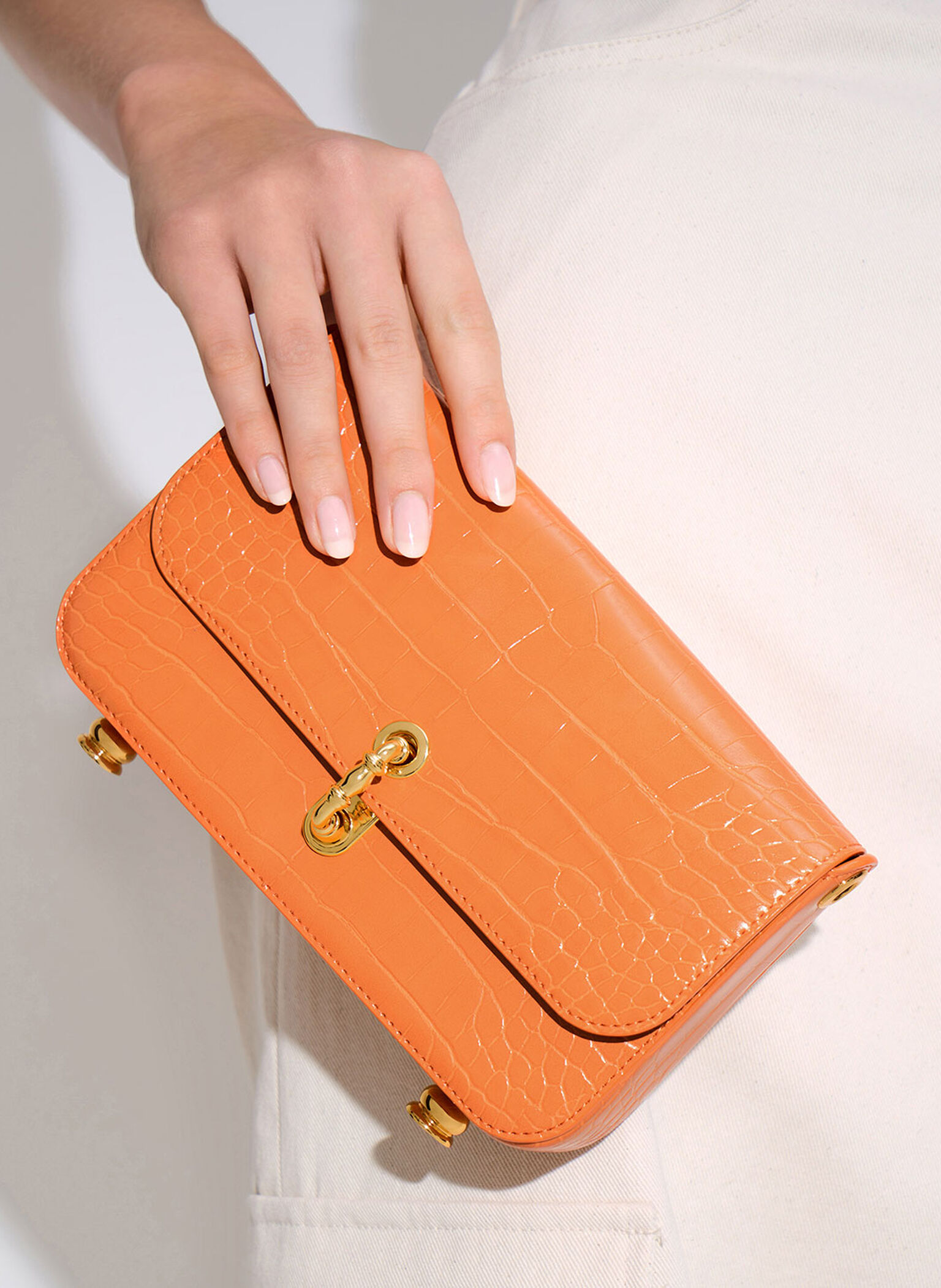 Meriah Croc-Embossed Clutch, Orange, hi-res