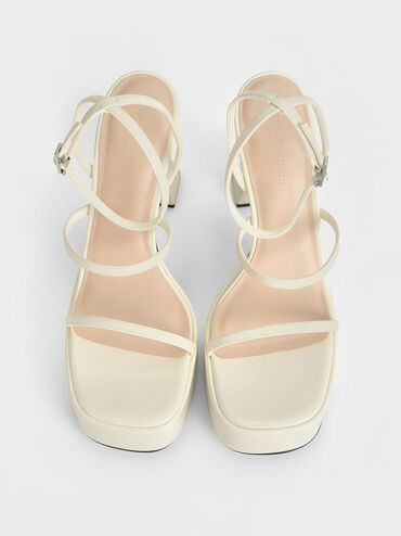 Strappy Sculptural-Heel Platform Sandals, Cream, hi-res
