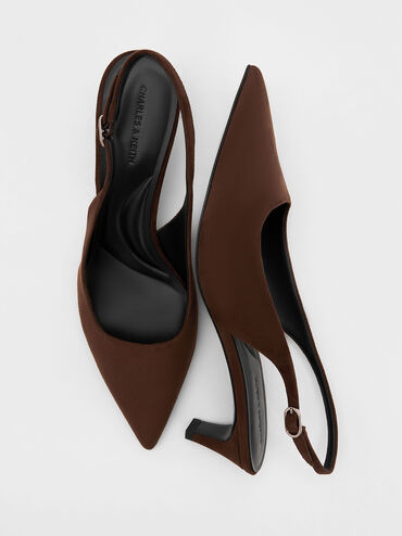 Faux Suede Pointed-Toe Kitten-Heel Slingback Pumps, Dark Brown, hi-res