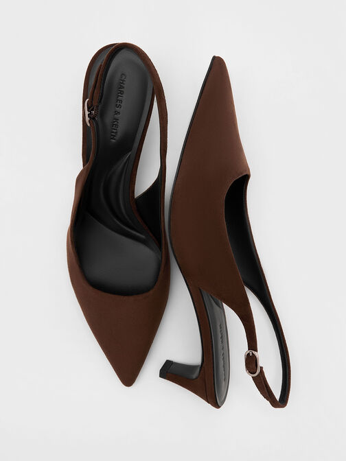 Faux Suede Pointed-Toe Kitten-Heel Slingback Pumps, Dark Brown, hi-res