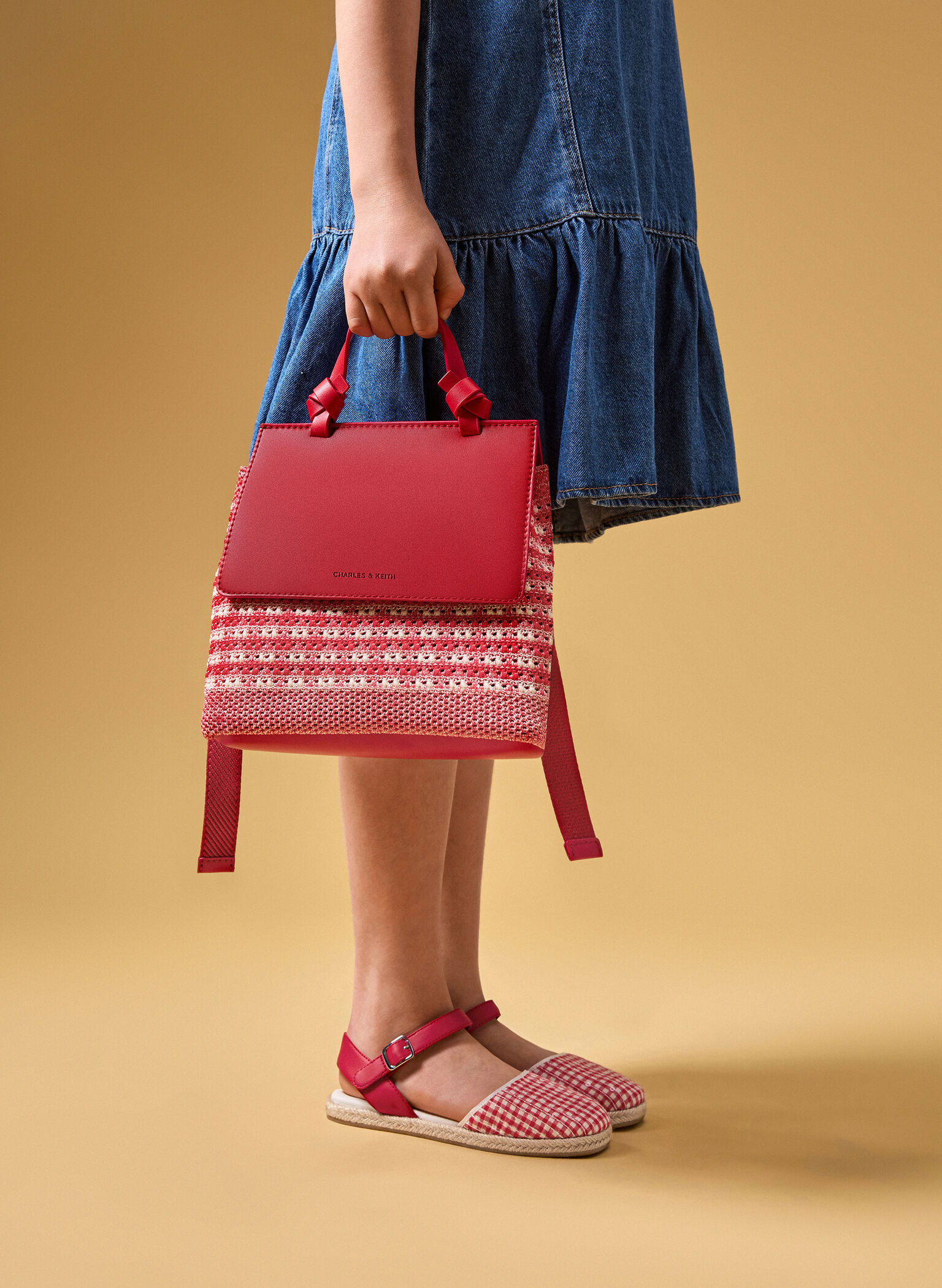 Girls' Ida Knitted Gingham Backpack, Gingham Red, hi-res