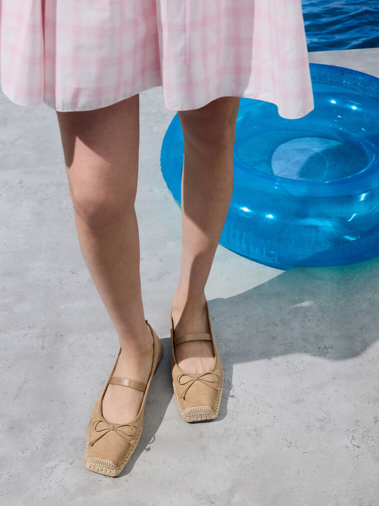 Faux Suede Bow Tie-Around Espadrille Ballet Flats, Sand, hi-res