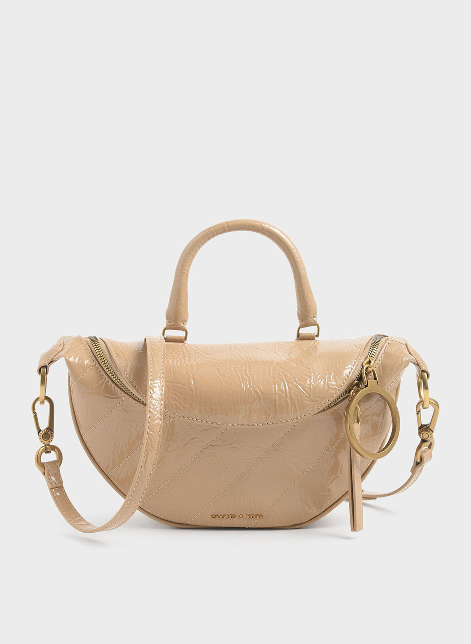 Philomena Wrinkled Patent Semi-Circle Crossbody Bag, Beige, hi-res