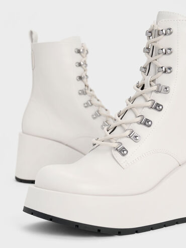 Lace-Up Platform Wedge Ankle Boots, White, hi-res