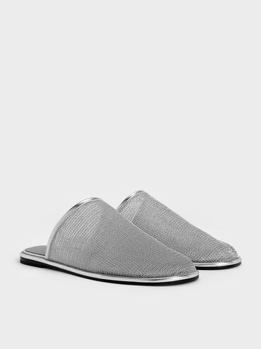 Mesh High-Vamp Flat Mules, Silver, hi-res