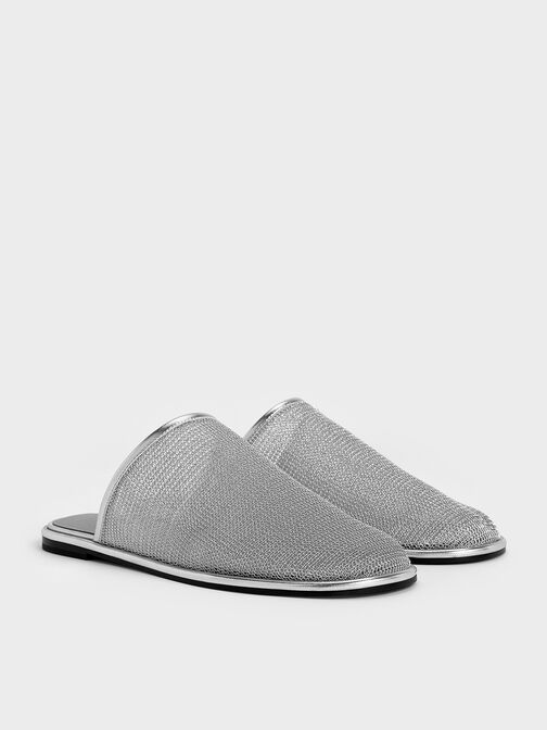 Mesh High-Vamp Flat Mules, Silver, hi-res