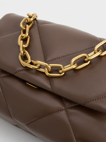 Lin Puffy Chain Shoulder Bag, Dark Brown, hi-res