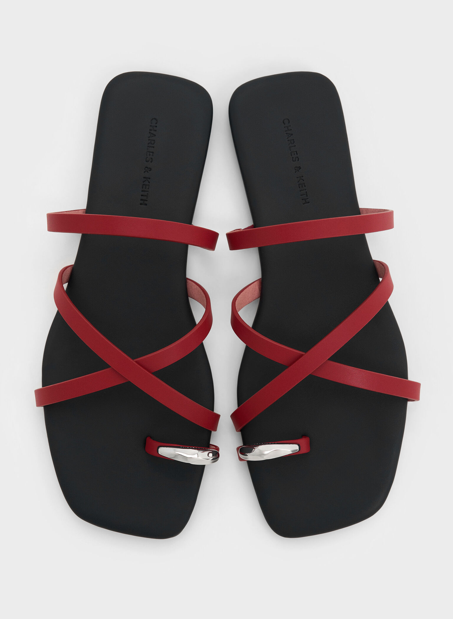 Metallic-Accent Strappy Toe-Ring Sandals, Red, hi-res