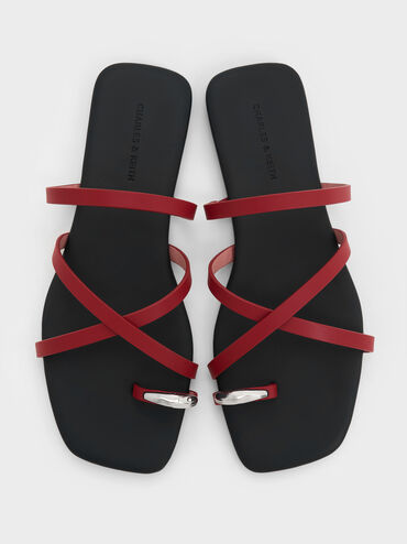 Metallic-Accent Strappy Toe-Ring Sandals, Red, hi-res