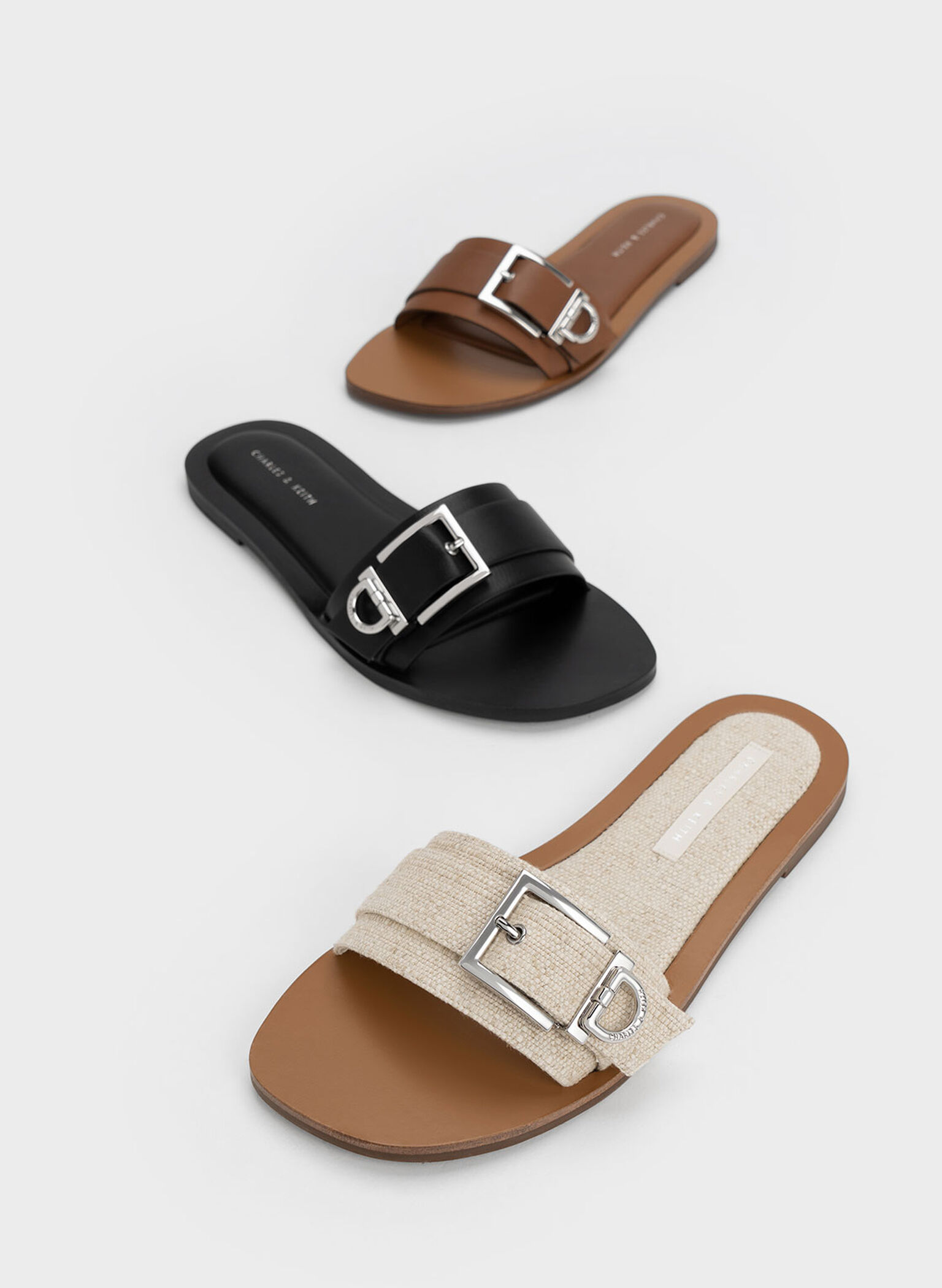 Metallic Buckle Slides, Brown, hi-res