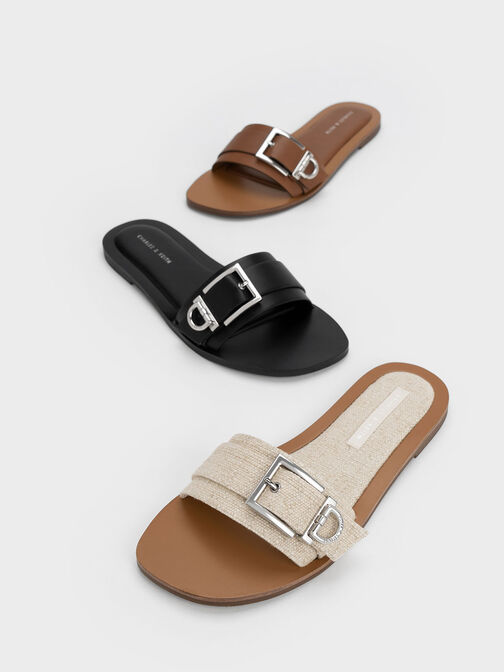 Metallic Buckle Slides, Brown, hi-res