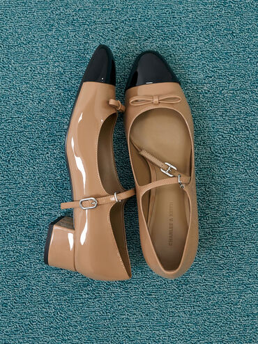 Patent Bow Cap-Toe Mary Jane Pumps, Caramel, hi-res