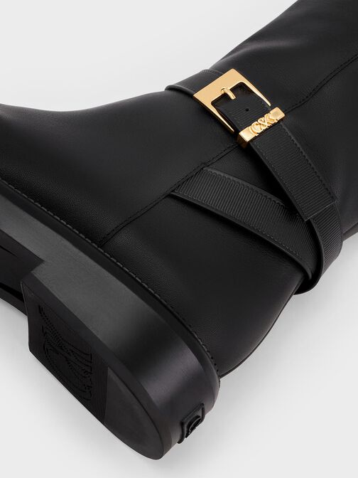 Leather Buckled-Strap Knee-High Boots, Black, hi-res