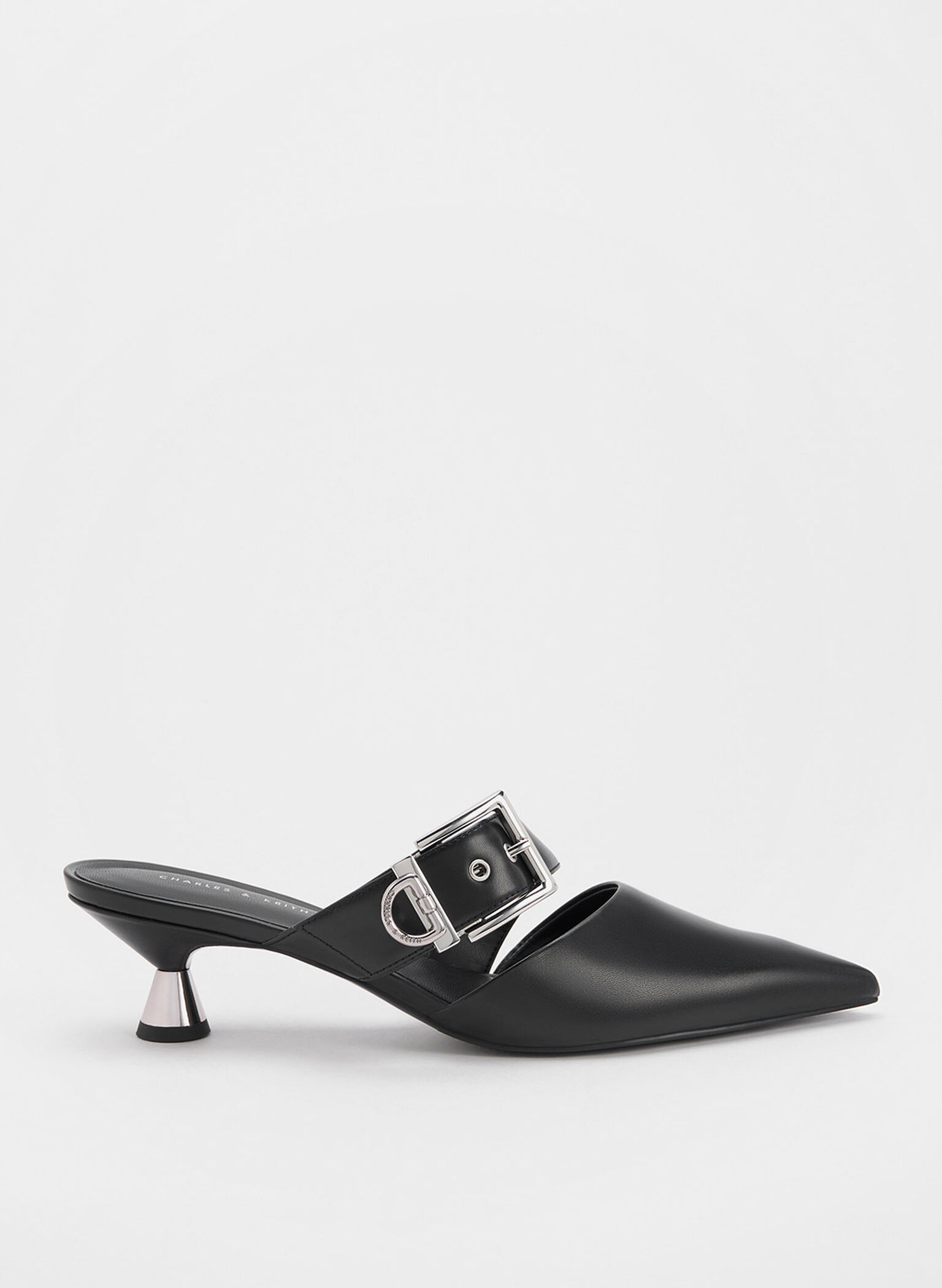 Asymmetric Buckle Heeled Mules, Black, hi-res