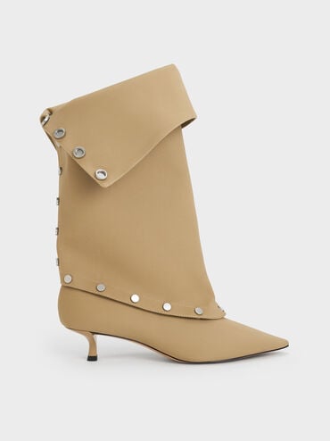 Gael Twill Studded Convertible Kitten-Heel Knee-High Boots, Beige, hi-res