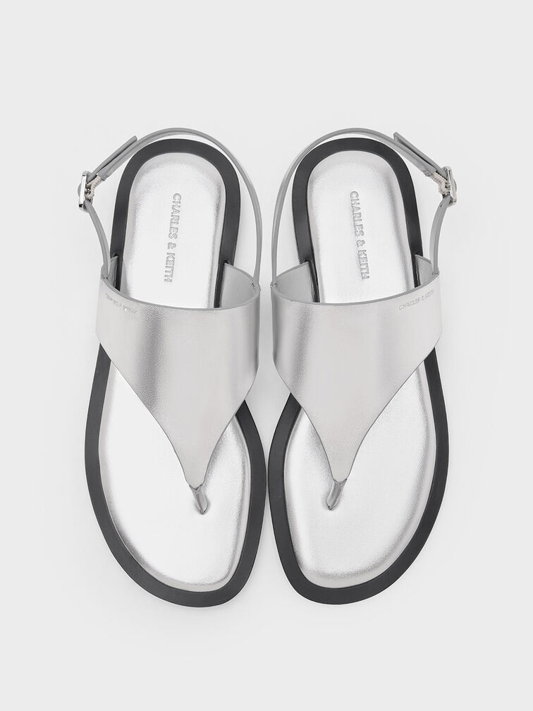 Metallic V-Strap Slingback Thong Sandals, Silver, hi-res