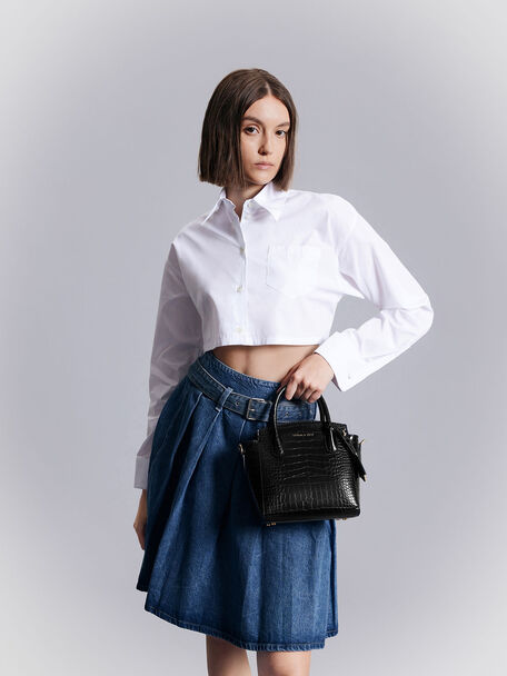 Croc-Effect Trapeze Tote Bag, Black, hi-res