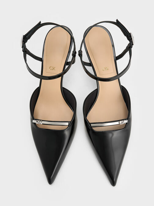 Leather Kitten-Heel Ankle-Strap Pointed-Toe Pumps, Black Box, hi-res