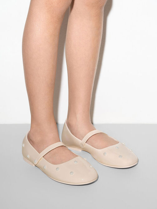 Girls' Patent Flower-Beaded Mary Janes, Cream, hi-res