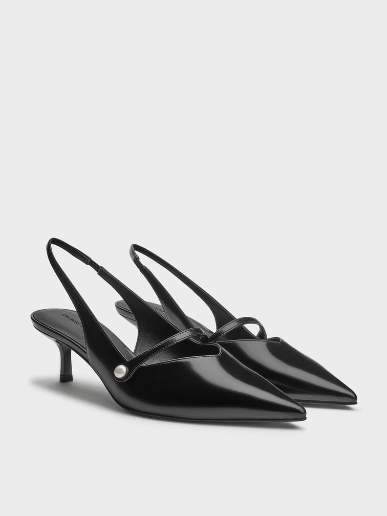 Helena Pearl-Buckle Slingback Kitten Heels, Black Box, hi-res