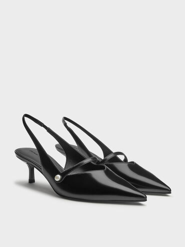 Helena Pearl-Buckle Slingback Kitten Heels, Black Box, hi-res