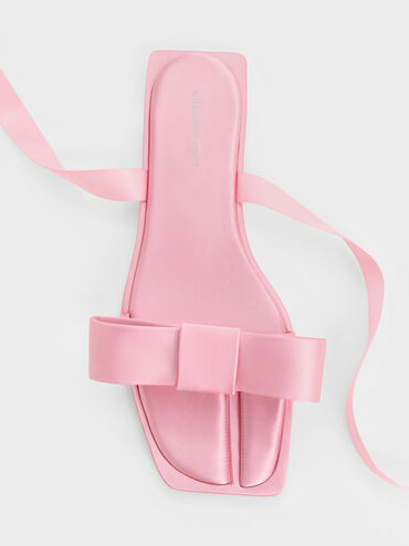 Satin Bow Tie-Around Flat Sandals, Pink, hi-res