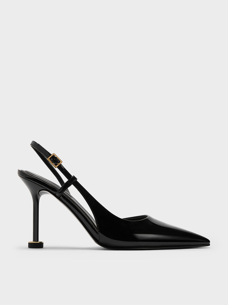 Patent Pointed-Toe Sculptural-Heel Slingback Pumps, Black Patent, hi-res