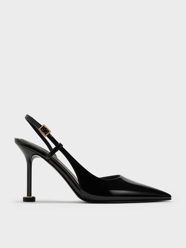 Patent Pointed-Toe Sculptural-Heel Slingback Pumps, Black Patent, hi-res