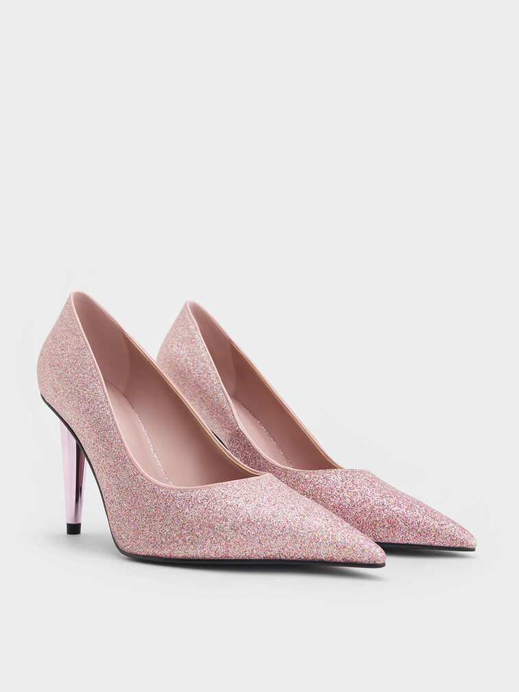 Glittered Cone-Heel Pointed-Toe Pumps, Pink, hi-res