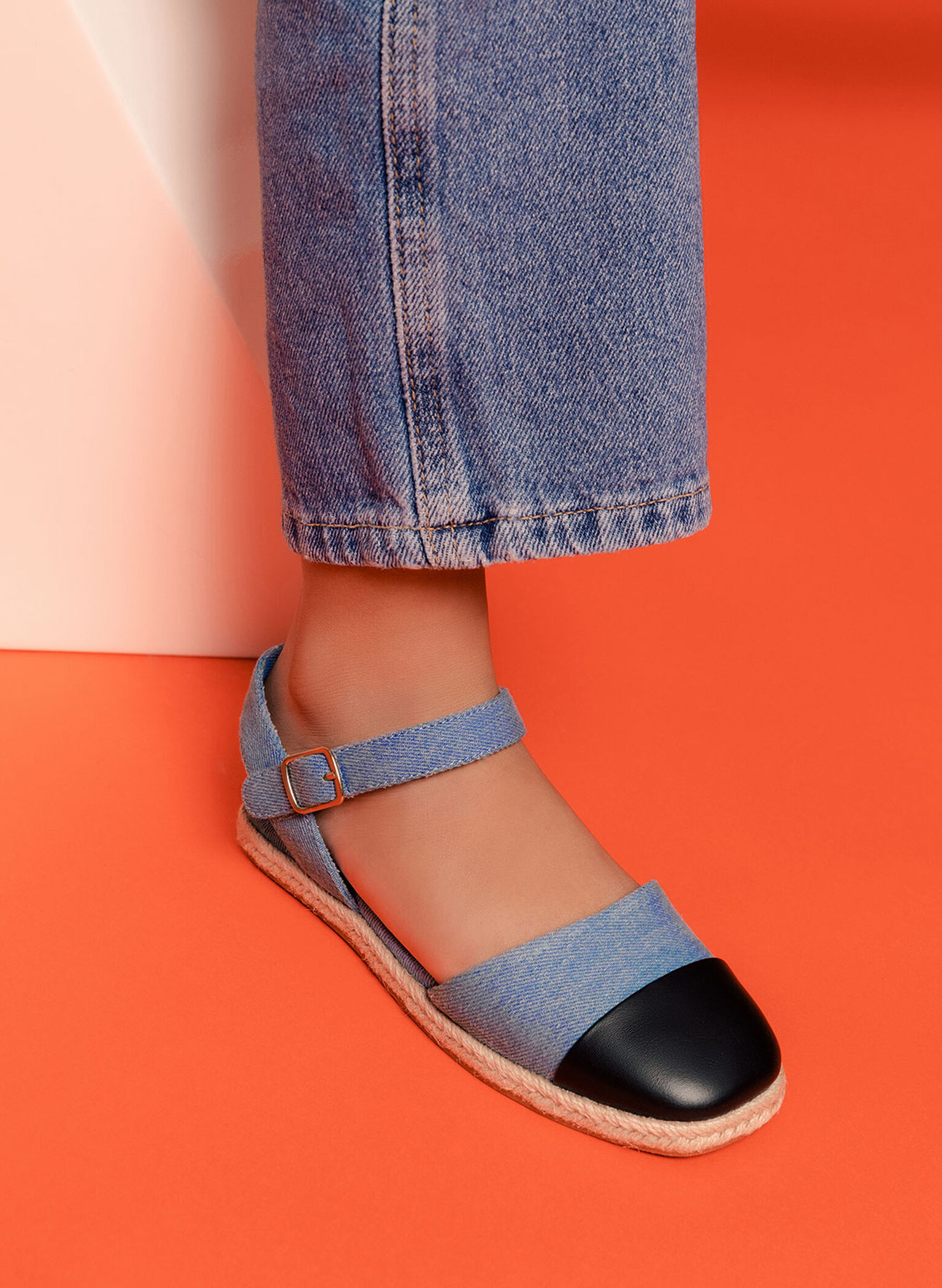 Girls' Two-Tone Ankle-Strap Denim Espadrilles, Blue, hi-res
