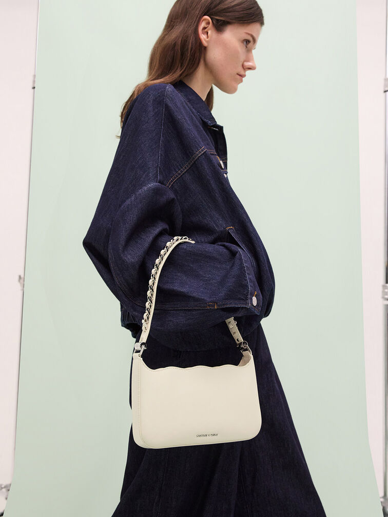 Wavy Braided Chain-Link Shoulder Bag, Chalk, hi-res