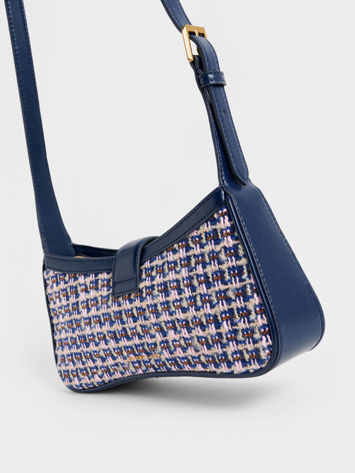 Gabine Tweed Curved Shoulder Bag, Navy, hi-res