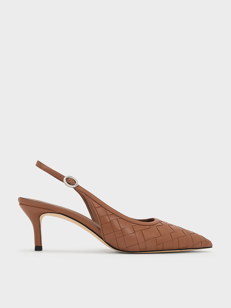 Ivette Woven Pointed-Toe Slingback Pumps, Brown, hi-res