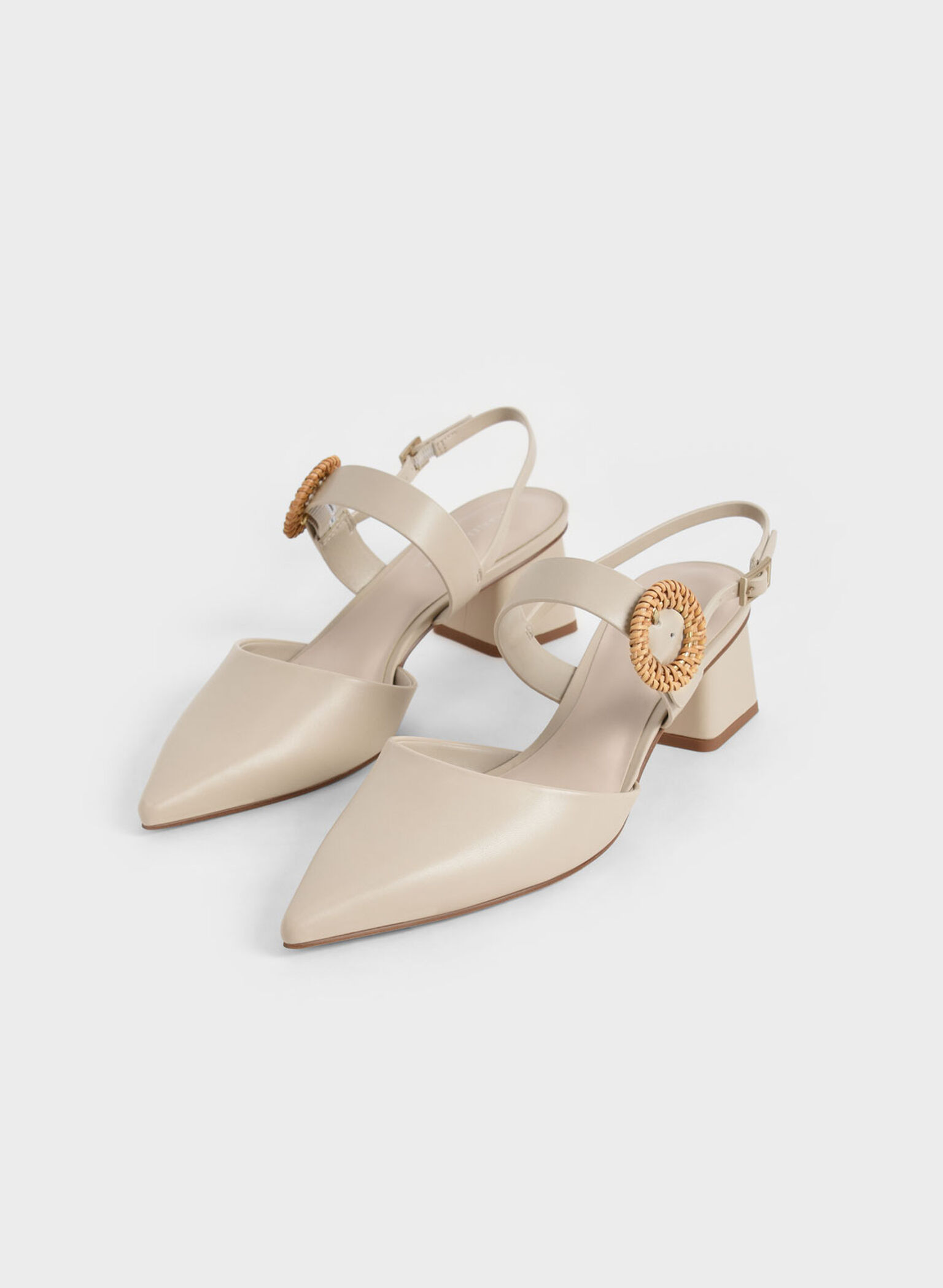 Woven Buckle Slingback Heeled Pumps, Chalk, hi-res