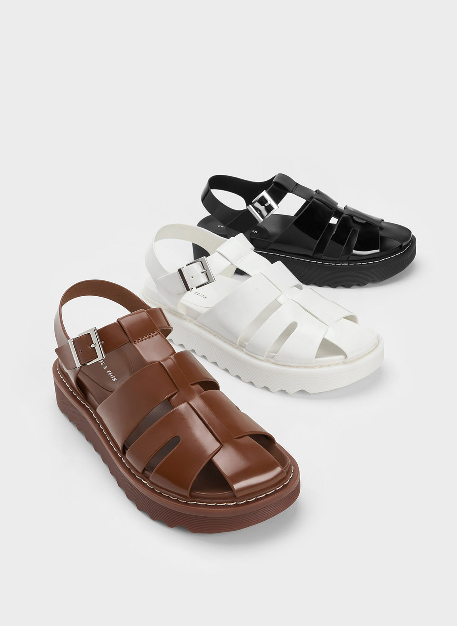 Interwoven Patent Buckled Sandals, Black Patent, hi-res