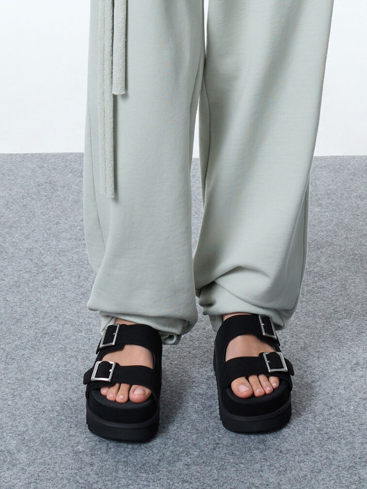 Buckled Double-Strap Flatform Sandals, Black, hi-res
