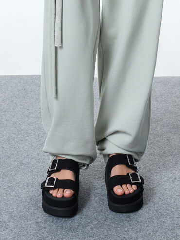 Buckled Double-Strap Flatform Sandals, Black, hi-res