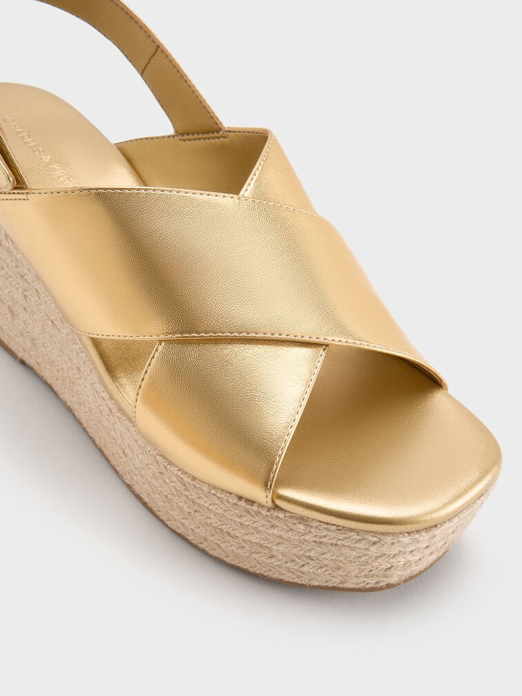 Metallic Crossover Espadrille Wedges, Gold, hi-res